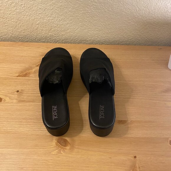 Black, platform, wedge fabric slide shoe. Platform height 1.75 inches, Size 10. - Picture 5 of 13